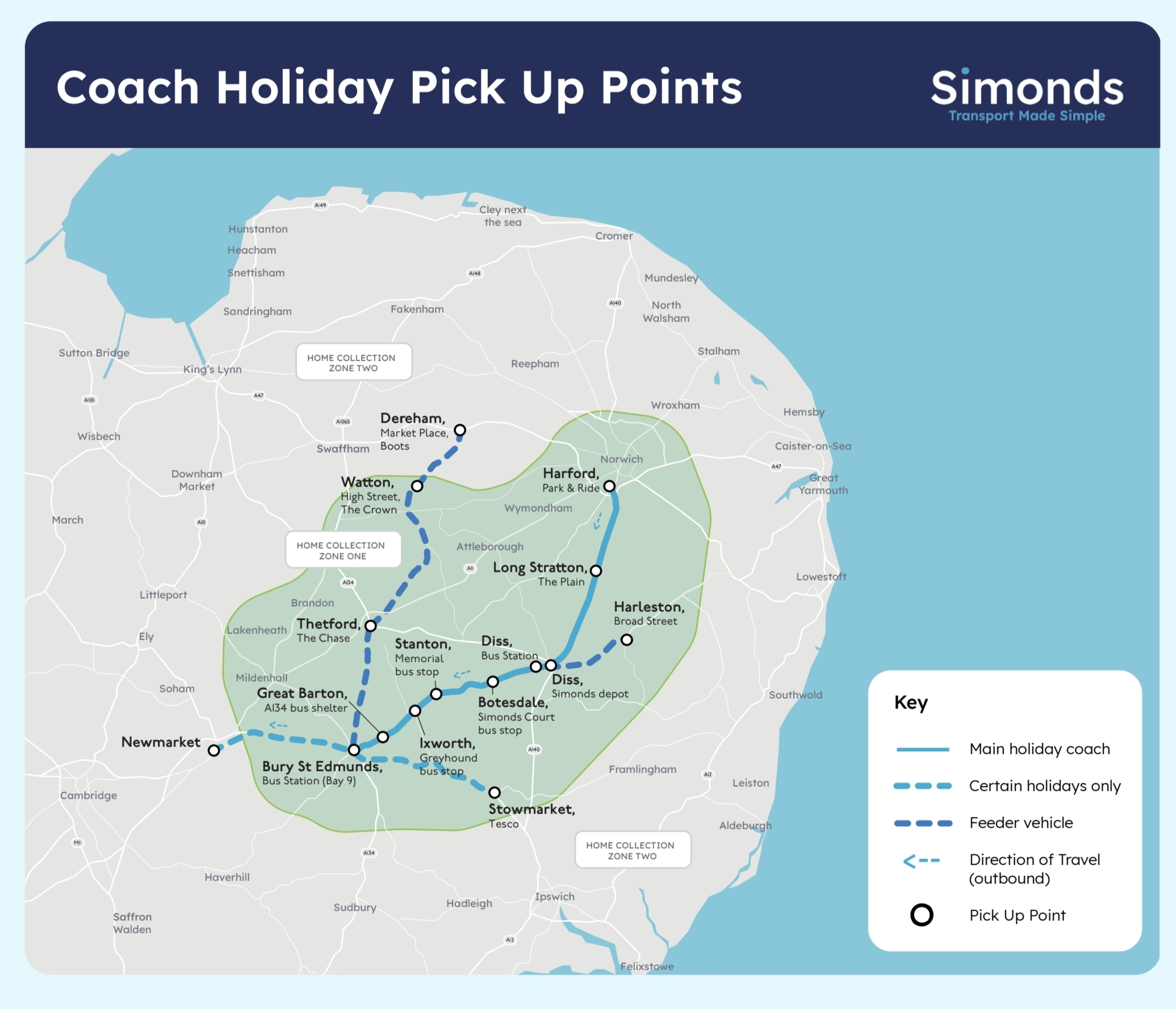 Map of Simonds coach holiday pick-up points across Norfolk and Suffolk, with home collection zones